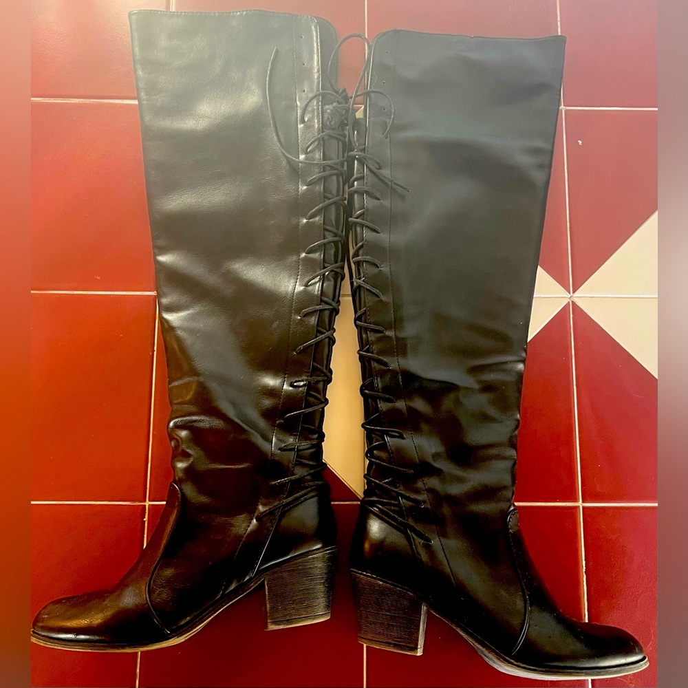 Black Over the Knee Lace Up Boots, Size 9 Women